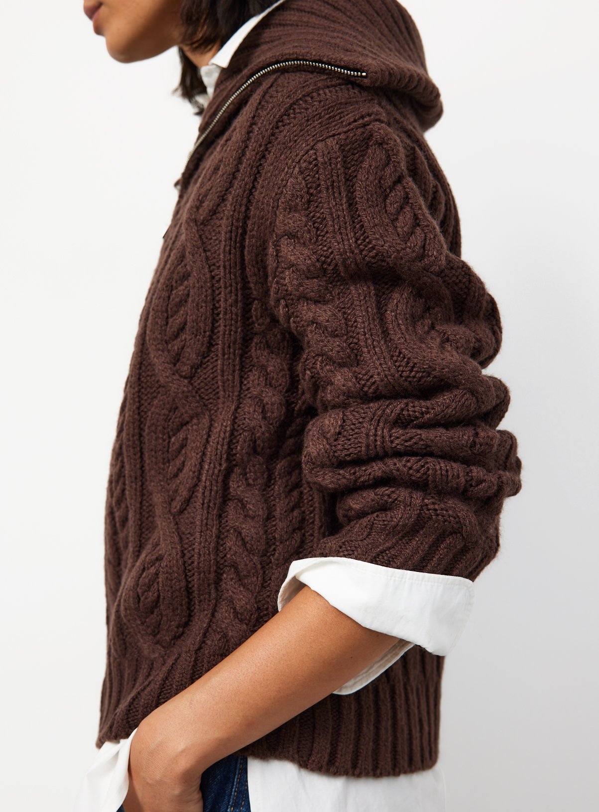 Brown Chunky Cable Zip-Through Cardigan L - Image 3 thumbnail